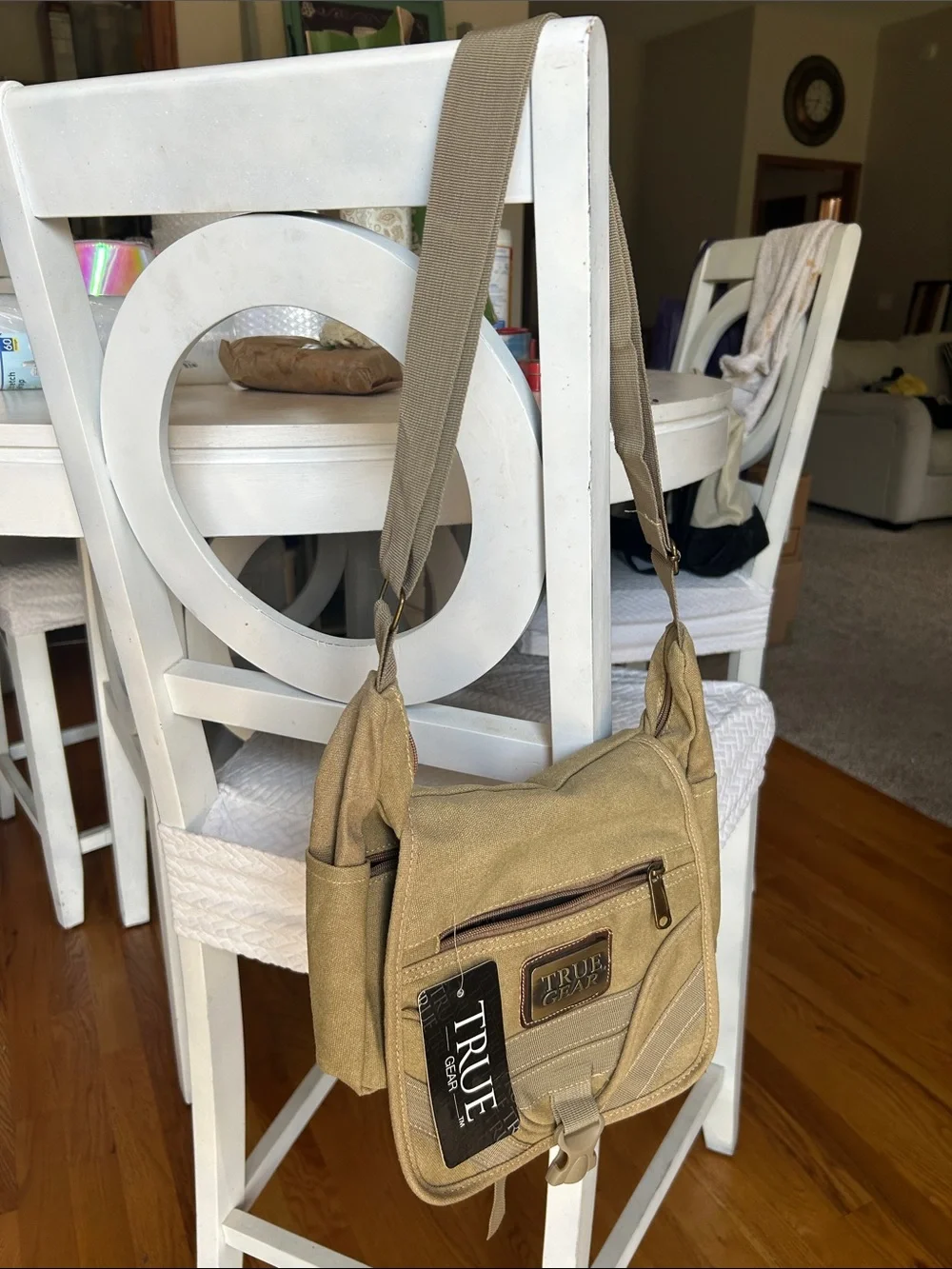 Tan/khaki  Messenger crossbody Bag with Adjustable Strap. Waterproof liner
